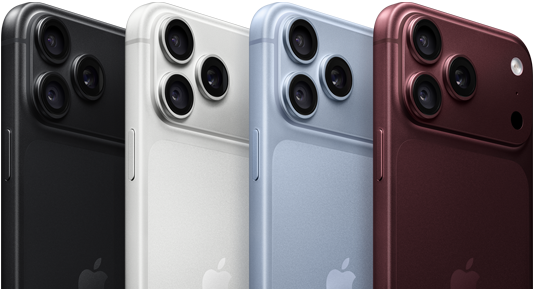 iPhone 18 Pro устройства в редица, заден екстериор, всички четири цвята: черно, глетчер, сребърно, бордо, Pro Fusion система камери горе вляво, 3 обектива, микрофон, светкавица