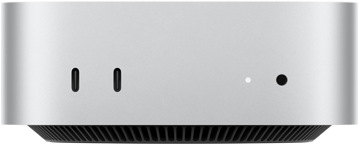 Mac mini, предна част, два Thunderbolt порта, светлинен индикатор за състояние и жак за слушалки, конусовидна черна основа отдолу, плосък отгоре, заоблени страни, прави ръбове, цвят сребърно