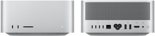 Mac Studio, предна част, два USB‑C порта, слот за SDXC карта, светлинен индикатор за състояние, конусовидна основа отдолу, плосък отгоре, заоблени страни, прави ръбове, цвят сребърно, Mac Studio, задна част, перфориран алуминиев изход, четири Thunderbolt 5 порта, един Ethernet, един електрически контакт, два USB-A, един HDMI, един жак за слушалки и бутон за включване{