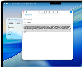 MacBook Air екран, показващ създаване на имейл с Apple Intelligence Инструменти за писане