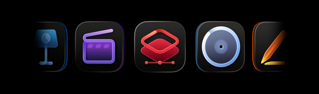 Ícones de apps do Apple Creator Studio, Final Cut Pro, Pixelmator Pro, Logic Pro, Pages, Compressor, MainStage, Numbers, Motion, Freeform, Keynote