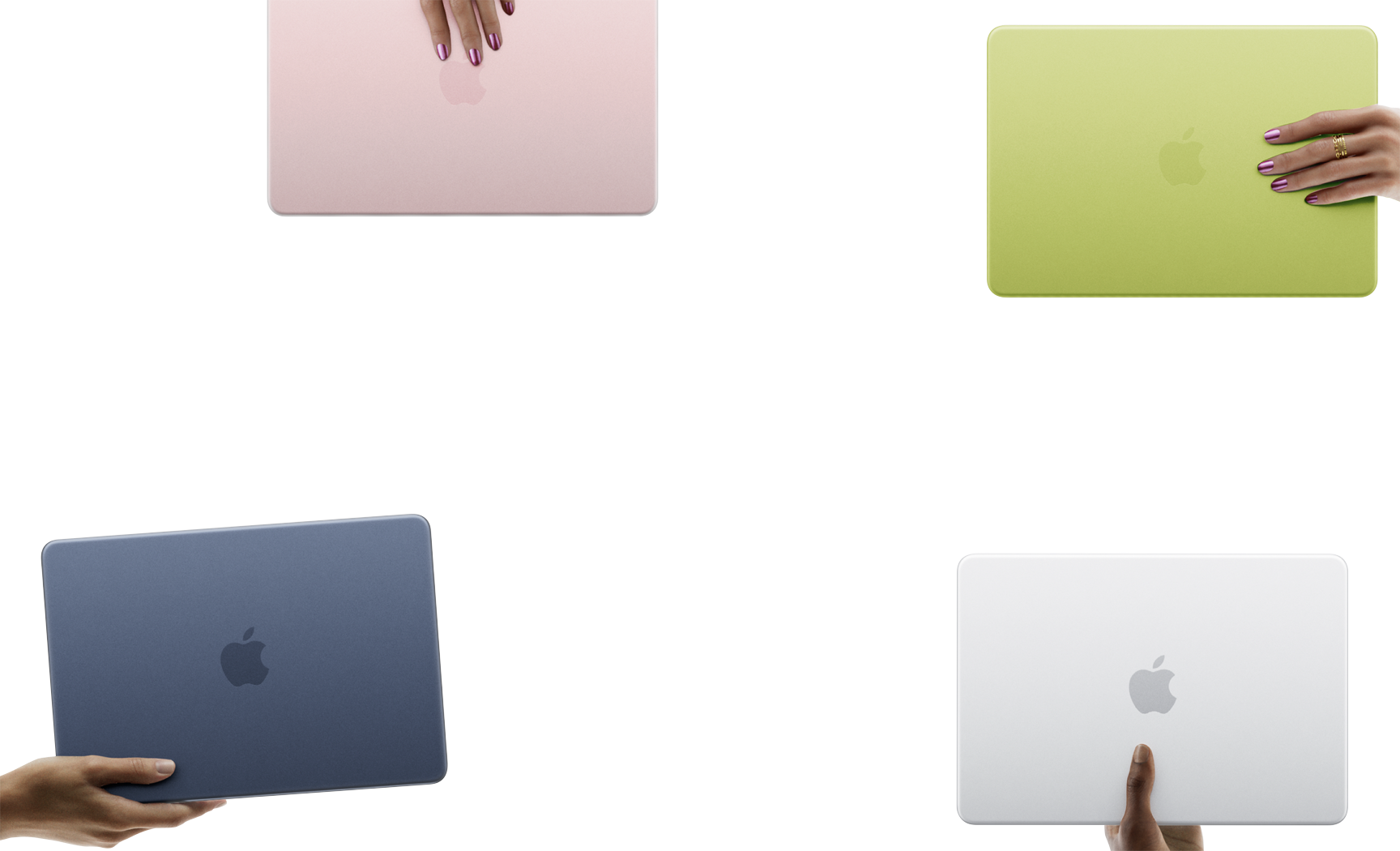 Quatro notebooks MacBook Neo nas cores blush, amarelo-cítrica, índigo e prateada, cada um na mão de uma pessoa diferente