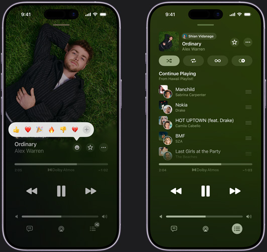 iPhone on left showing “Ordinary” by Alex Warren playing on iPhone screen with reaction emoji prompt showing options to thumbs up, heart, celebrate, thumbs down or add another reaction. iPhone on right showing collaborative playlist called Hawaii Playlist with multiple songs added by other contributors
