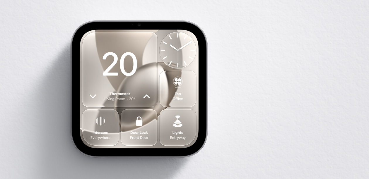 Un Apple HomeView, l’écran affiche l’app Domicile, avec le thermostat réglé à une température de 20 degrés celsius, une horloge, le flux vidéo de la caméra de la porte d’entrée, la scène Bon matin, une serrure de porte et des commandes d’éclairage
