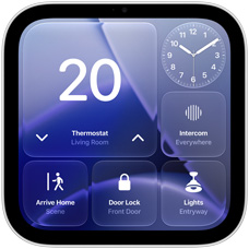 Écran d’Apple HomeView montrant le tableau de bord de l’app Domicile, avec le thermostat réglé à 20 degrés, une horloge analogique, l’interphone, le mode d’arrivée au domicile, la serrure de la porte et les commandes d’éclairage