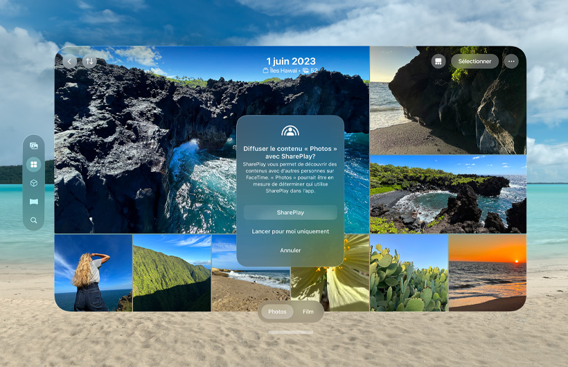 Une photothèque dans l’interface SharePlay, avec en arrière-plan l’environnement Bora-Bora et en avant-plan une fenêtre contextuelle dont le titre est « Diffuser le contenu Photos avec SharePlay », avec les trois boutons suivants : SharePlay, Lancer pour moi uniquement et Annuler.