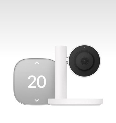Thermostat intelligent Apple Home Collection, couleur argent, affichant une température de 20 degrés Celsius, caméra intelligente Apple Home Collection, objectif noir et support sur pied blanc