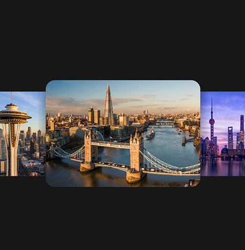 Aerial shots of Seattle, London, and Shanghai.