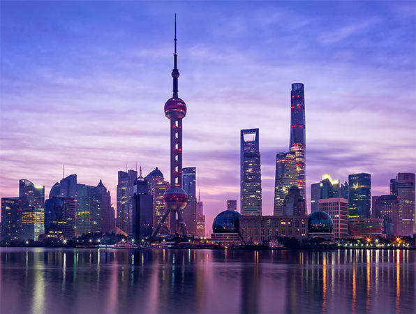 View of the cityscape in Shanghai at sunset.