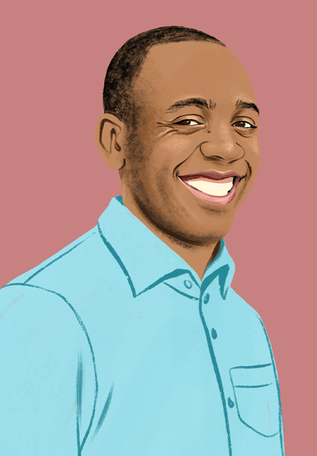 Retrato ilustrado de Brian a sorrir e a olhar para o leitor.