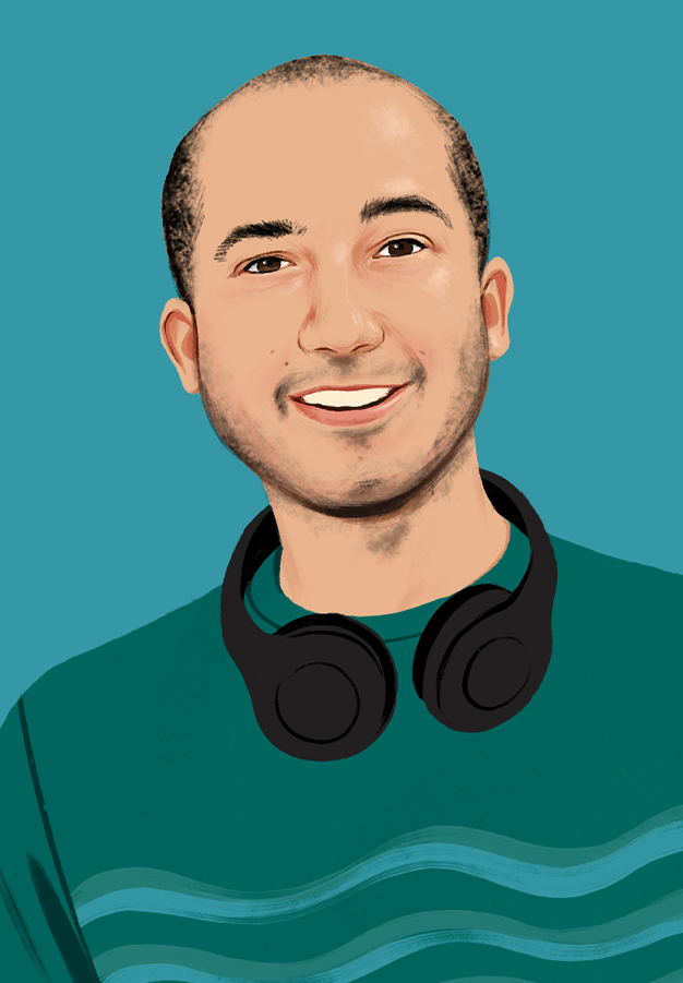 Retrato ilustrado de Chris a sorrir e a olhar para o leitor.