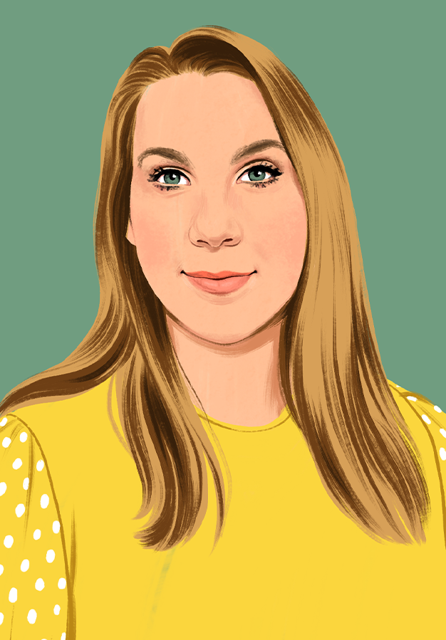 Retrato ilustrado de Jennifer a sorrir e a olhar para o leitor.