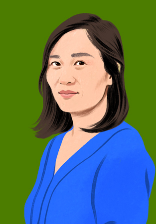 Retrato ilustrado de Xu, com um sorriso confiante, a olhar de frente.