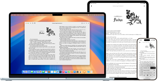 El MacBook Pro y el iPad Air muestran una página del mismo ebook en la app Libros.