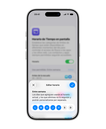 Un iPhone muestra la interfaz de ajustes de horarios con un mensaje para que el usuario edite los límites diarios de una Cuenta para Menores.