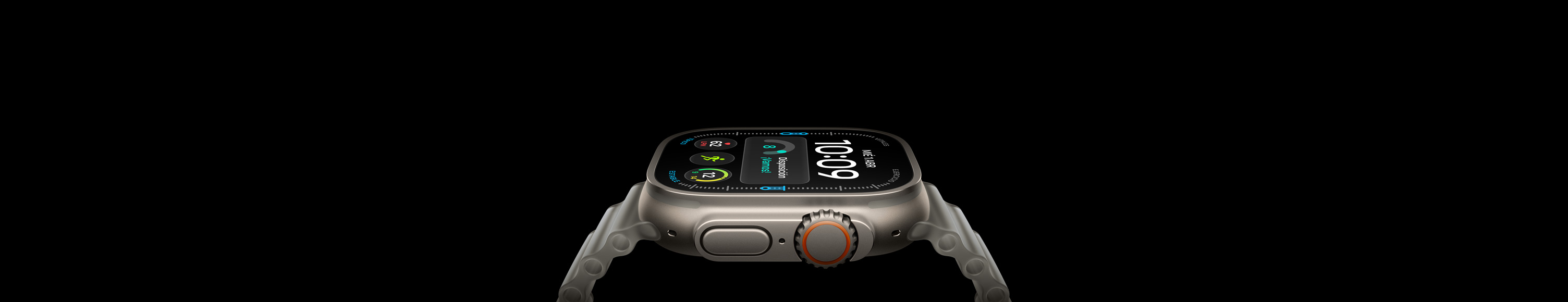 Apple Watch Ultra 4, caja de titanio, color natural, parte lateral derecha, Digital Crown, botón lateral en relieve, carátula digital, correa Ocean gris translúcido