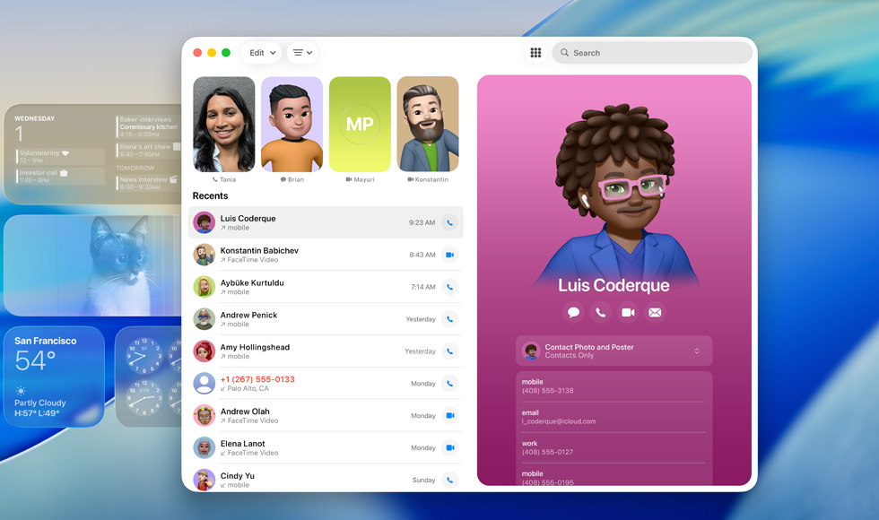 Zamknutá obrazovka s otevřenou aplikací FaceTime, seznam posledních hovorů a vedle karta kontaktu s Genmoji a jménem osoby