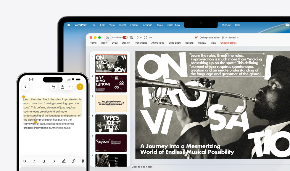 iPhone 16 Plus se zvýrazněným textem v aplikaci Poznámky, MacBook Air s otevřenou prezentací v PowerPoint, na snímku je viditelný text z aplikace Poznámky