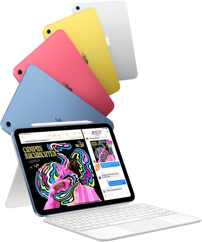 iPads in Blau, Pink, Gelb und Silber und ein iPad verbunden mit dem Magic Keyboard Folio.