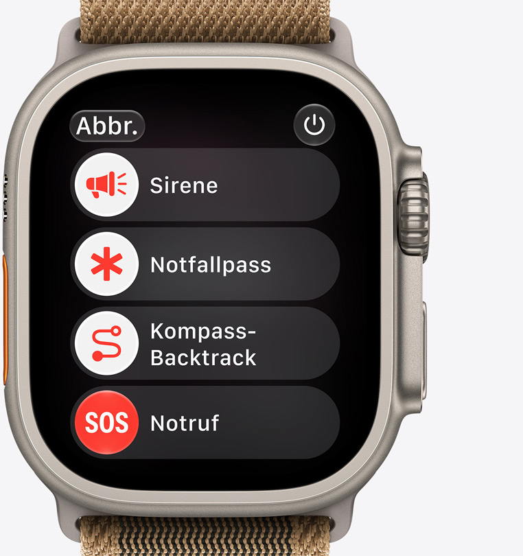 Apple Watch Ultra 4, Titangehäuse, Farbe Natur, Optionen für den Notruf auf dem Display: Sirene, Notfallpass, Kompass Backtrack, Notruf