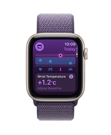 Apple Watch SE 3, aluminum case, starlight color, wrist temperature metrics, right side exterior, Digital Crown, Sport Loop, purple fog color