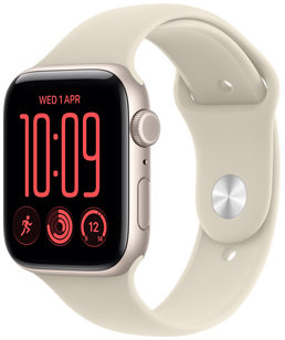 Apple Watch SE 3, alumiiniumist korpus, tähevalge toon, Modular Compact sihverplaat, komplikatsioonid: päev ja kuupäev, jooksutreening, aktiivsusringid, ilm, parema külje vaade, Digital Crown, külgnupp, rihm Sport Band, liiva toon
