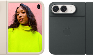 iPhone Duo, toonis tähesära, liivakarva silikoonümbrises, horisontaalpaigutus, täielikult avatud horisontaalselt, Dual Fusion kaamerad ülal vasakul, ümbrisega kaetud tagakülg ja esiekraani välisserv, paremal küljel on välisel ekraanil inimese portree. iPhone Duo, toonis tähesära, täielikult avatud horisontaalselt, tumesinine Folio koos tugijalaga, täielikult avatud horisontaalselt, tagakülg 48MP Dual Fusion tagakaameratega, kaks objektiivi
