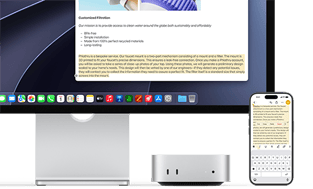 Mac mini esikülg, Studio Display alla paigutatud, iPhone seadme ja ekraani paremal küljel, iPhone’is valitud tekst koos selle kohal kuvatavate Cut-, Copy-, Paste- ja AutoFill-käskudega vastab ekraanil esiletõstetud tekstile, esitledes Universal Clipboardi