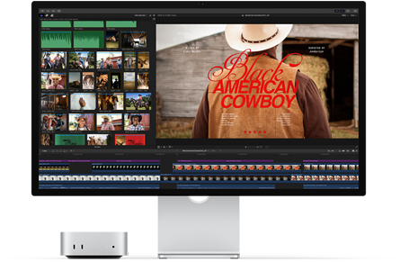 Studio Displayga ühendatud Mac mini, paremal ekraanil filmi „Black American Cowboy“ tiitelkuva, vasakul mitu filmikaadrit