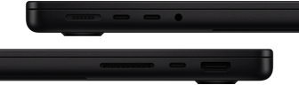 MacBook Pro liidesed – vasak pool: MagSafe 3 port, kaks Thunderbolt porti ja kõrvaklapipesa – parem pool: SDXC-kaardi pesa, üks Thunderbolt port ja HDMI-port