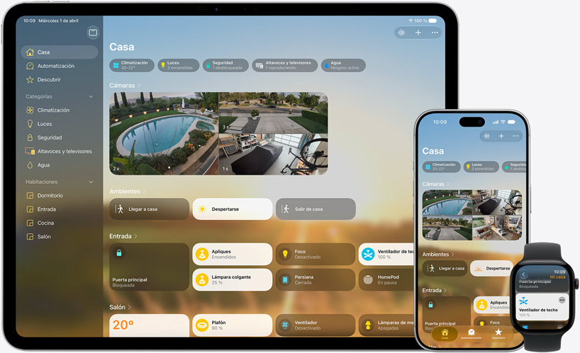 Un Mac, iPad, iPhone y Apple Watch con la interfaz de usuario de la app Casa.