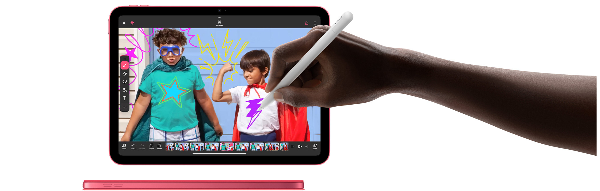 Una mano sujeta el Apple Pencil y dibuja en Photo Mark Up.