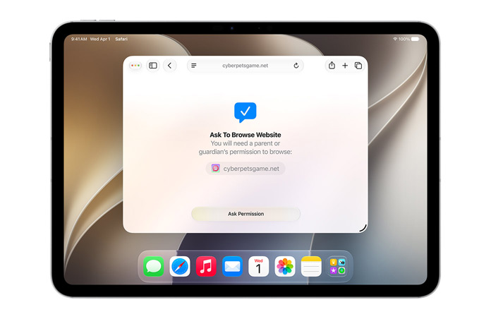 En iPad viser grensesnittet for Spør om å surfe, der brukeren får beskjed om at de trenger tillatelse til å surfe, med «Be om tillatelse»-knappen nedenfor.