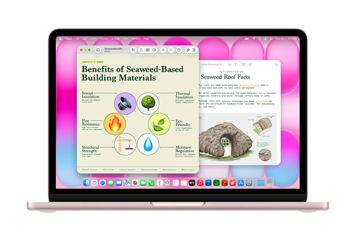 MacBook Neo con las apps Pages y Notas abiertas en las que se muestran presentaciones sobre techos de algas, se destaca el rendimiento