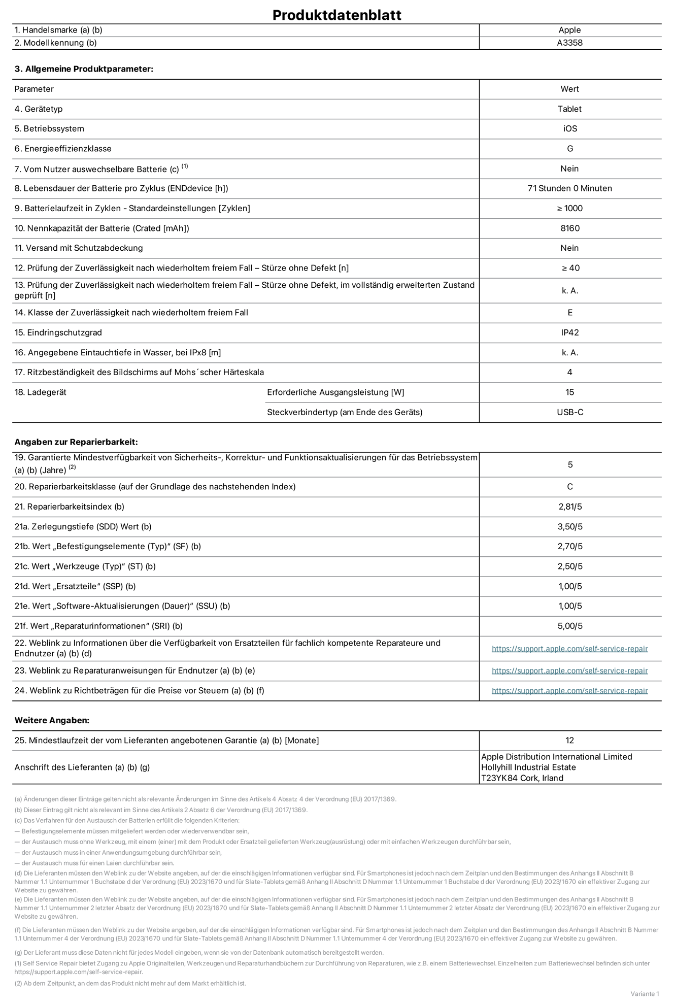 Produktinfoblatt für das 11" iPad Pro M5 Wi-Fi + Cellular, Modell A3358. Bereitgestellt von Apple Distribution International Limited, Hollyhill Industrial Estate. Cork, Irland, T23 YK84. Gerätetyp: Tablet. Betriebssystem: iOS. Energieeffizienzklasse: G. Vom Benutzer auswechselbare Batterie: nein. Batterielaufzeit pro Zyklus: 71 Std. Batterielaufzeit in Zyklen – Standardeinstellungen: ≥ 1.000. Nennkapazität der Batterie: 8.160 mAh. Versand mit Schutzabdeckung: nein. Prüfung der Zuverlässigkeit nach wiederholtem freiem Fall – Stürze ohne Defekt: ≥ 40. Prüfung der Zuverlässigkeit nach wiederholtem freiem Fall – Stürze ohne Defekt, im vollständig erweiterten Zustand geprüft: nicht zutreffend. Klasse der Zuverlässigkeit nach wiederholtem freiem Fall: E. Eindringschutzgrad: IP42. Angegebene Eintauchtiefe in Wasser, bei iPx8: nicht zutreffend. Ritzbeständigkeit des Displays auf Mohs’scher Härteskala: 4. Erforderliche Ausgangsleistung des Ladegeräts: 15 W. Anschluss Ladegerät (am Ende des Geräts): USB‑C. Garantierte Mindestverfügbarkeit von Sicherheits‑, Korrektur‑ und Funktionsaktualisierungen für das Betriebssystem: 5 Jahre. Reparierbarkeitsklasse: C. Reparierbarkeitsindex: 2,81/5. Wert „Zerlegungstiefe“ (SDD): 3,50/5. Wert „Befestigungselemente“: 2,70/5. Wert „Werkzeuge“: 2,50/5. Wert „Ersatzteile“: 1,00/5. Wert „Software-Aktualisierungen“: 1,00/5. Wert „Reparaturinformationen“: 5,00/5. Weblink zu Informationen über die Verfügbarkeit von Ersatzteilen für fachlich kompetente Reparaturanbieter und Endnutzer:innen: https://support.apple.com/self-service-repair. Weblink zu Reparaturanweisungen für Endnutzer:innen: https://support.apple.com/self-service-repair. Weblink zu Richtbeträgen für die Preise vor Steuern: https://support.apple.com/self-service-repair. 12 Monate angebotene allgemeine 