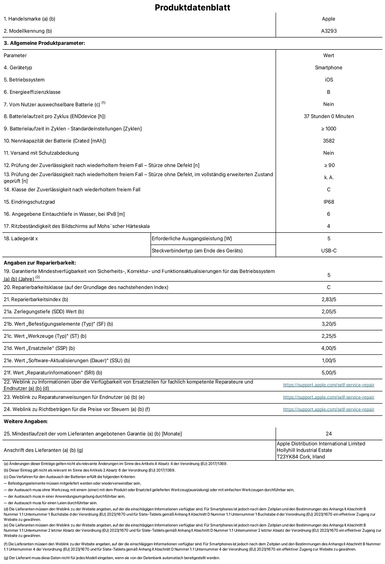 Produktinformationsblatt für iPhone 16 Pro, Modell A3293. Bereitgestellt von Apple Distribution International Limited, Hollyhill Industrial Estate. Cork, Irland T23 YK84. Gerätetyp: Smartphone. Betriebssystem: iOS. Energieeffizienzklasse: B. Vom Benutzer auswechselbare Batterie: nein. Batterielaufzeit pro Zyklus: 37 Stunden. Batterielaufzeit in Zyklen – Standardeinstellungen: ≥ 1000. Nennkapazität der Batterie: 3582 mAh. Versand mit Schutzabdeckung: nein. Prüfung der Zuverlässigkeit nach wiederholtem freiem Fall – Stürze ohne Defekt: ≥ 90. Prüfung der Zuverlässigkeit nach wiederholtem freiem Fall – Stürze ohne Defekt, im vollständig erweiterten Zustand geprüft: nicht zutreffend. Klasse der Zuverlässigkeit nach wiederholtem freiem Fall: C. Eindringschutzgrad: IP68. Angegebene Eintauchtiefe in Wasser, bei iPx8: 6 m. Ritzbeständigkeit des Displays auf Mohs’scher Härteskala: 4. Erforderliche Ausgangsleistung des Ladegeräts: 5W. Anschluss Ladegerät (am Ende des Geräts): USB‑C. Garantierte Mindestverfügbarkeit von Sicherheits‑, Korrektur‑ und Funktionsaktualisierungen für das Betriebssystem: 5 Jahre. Reparierbarkeitsklasse: C. Reparierbarkeitsindex: 2,83/5. Zerlegungstiefe (SDD) Wert: 2,05/5. Wert „Befestigungselemente“: 3,20/5. Wert „Werkzeuge“: 2,25/5. Wert „Ersatzteile“: 4,00/5. Wert „Software-Aktualisierungen“: 1,00/5. Wert „Reparaturinformationen“: 5,00/5. Weblink zu Informationen über die Verfügbarkeit von Ersatzteilen für fachlich kompetente Reparateure und Endnutzer: https://support.apple.com/self-service-repair. Weblink zu Reparaturanweisungen für Endnutzer: https://support.apple.com/self-service-repair. Weblink zu Richtbeträgen für die Preise vor Steuern: https://support.apple.com/self-service-repair. 12 Monate angebotene allgemeine Garantie.