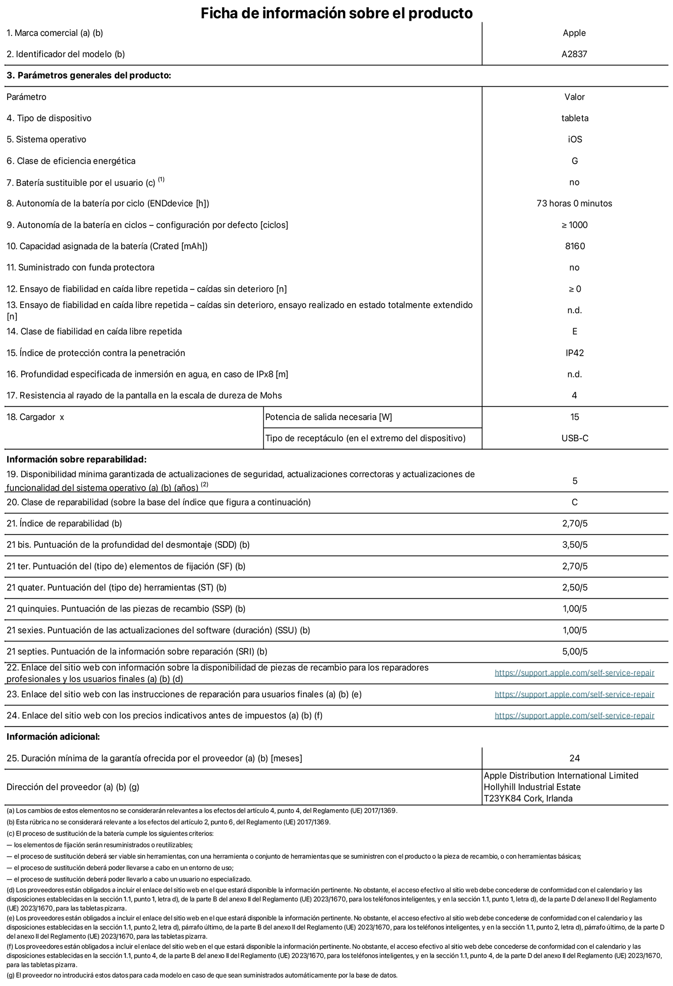Ficha de información sobre el producto del iPad Pro Wi‑Fi + Cellular de 11 pulgadas. Modelo A2837. Suministrado por Apple Distribution International Limited con sede en Hollyhill Industrial Estate, T23 YK84 Cork (Irlanda). Tipo de dispositivo: Tablet. Sistema operativo: iOS. Clase de eficiencia energética: G. Batería sustituible por el usuario: No. Autonomía de la batería: 73 horas. Autonomía de la batería en ciclos: ≥ 1.000. Capacidad asignada de la batería: 8.160 mAh. Caídas sin deterioro en ensayo de fiabilidad en caída libre repetida: ≥ 0. Clase de fiabilidad en caída libre repetida: E. Índice de protección contra la penetración: IP42 Resistencia al rayado de la pantalla en la escala de dureza de Mohs: 4. Potencia de salida necesaria del cargador: 15 W. Tipo de receptáculo del cargador: USB-C. Disponibilidad mínima garantizada de actualizaciones de seguridad, correctoras y de funcionalidad del sistema operativo: 5 años. Clase de reparabilidad: C. Índice de reparabilidad: 2,70/5. Puntuación de la profundidad del desmontaje: 3,50/5. Puntuación de los elementos de fijación: 2,70/5. Puntuación de las herramientas: 2,50/5. Puntuación de las piezas de recambio: 1/5. Puntuación de las actualizaciones de software: 1/5. Puntuación de la información sobre reparación: 5/5. Enlace del sitio web con información sobre la disponibilidad de piezas de recambio para reparadores profesionales y usuarios finales: https://support.apple.com/self-service-repair. Enlace del sitio web con las instrucciones de reparación para usuarios finales: https://support.apple.com/self-service-repair. Enlace del sitio web con los precios indicativos antes de impuestos: https://support.apple.com/self-service-repair. Se ofrece una garantía general de 24 meses.