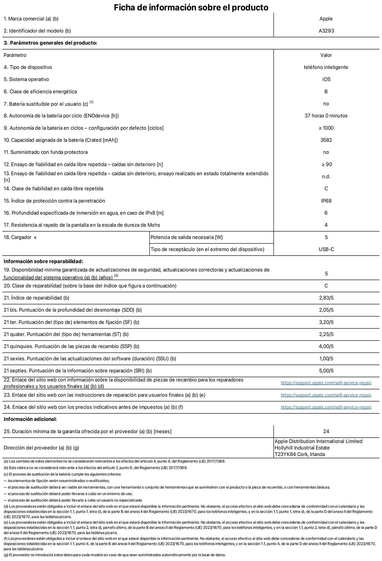 Ficha de información sobre el producto del iPhone 16 Pro. Modelo A3293. Suministrado por Apple Distribution International Limited con sede en Hollyhill Industrial Estate, T23 YK84 Cork (Irlanda). Tipo de dispositivo: Teléfono inteligente. Sistema operativo: iOS. Clase de eficiencia energética: B. Batería sustituible por el usuario: No. Autonomía de la batería por ciclo: 37 horas. Autonomía de la batería en ciclos (configuración por defecto): ≥ 1.000. Capacidad asignada de la batería: 3.582 mAh. Suministrado con funda protectora: No. Caídas sin deterioro en ensayo de fiabilidad en caída libre repetida: ≥ 90. Caídas sin deterioro en ensayo de fiabilidad en caída libre repetida realizado en estado totalmente extendido: N. A. Clase de fiabilidad en caída libre repetida: C. Índice de protección contra la penetración: IP68. Profundidad especificada de inmersión en agua, en caso de iPx8 (m): 6. Resistencia al rayado de la pantalla en la escala de dureza de Mohs: 4. Potencia de salida necesaria del cargador: 5 W. Tipo de receptáculo del cargador (en el extremo del dispositivo): USB‑C. Disponibilidad mínima garantizada de actualizaciones de seguridad, correctoras y de funcionalidad del sistema operativo: 5 años. Clase de reparabilidad: C. Índice de reparabilidad: 2,83/5. Puntuación de la profundidad del desmontaje (SDD): 2,05/5. Puntuación de los elementos de fijación: 3,20/5. Puntuación de las herramientas: 2,25/5. Puntuación de las piezas de recambio: 4/5. Puntuación de las actualizaciones de software: 1/5. Puntuación de la información sobre reparación: 5/5. Enlace del sitio web con información sobre la disponibilidad de piezas de recambio para reparadores profesionales y usuarios finales: https://support.apple.com/self-service-repair. Enlace del sitio web con las instrucciones de reparación para usuarios finales: https://support.apple.com/self-service-repair. Enlace del sitio web con los precios indicativos antes de impuestos: https://support.apple.com/self-service-repair. Se ofrece una garantía general de 12 meses.
