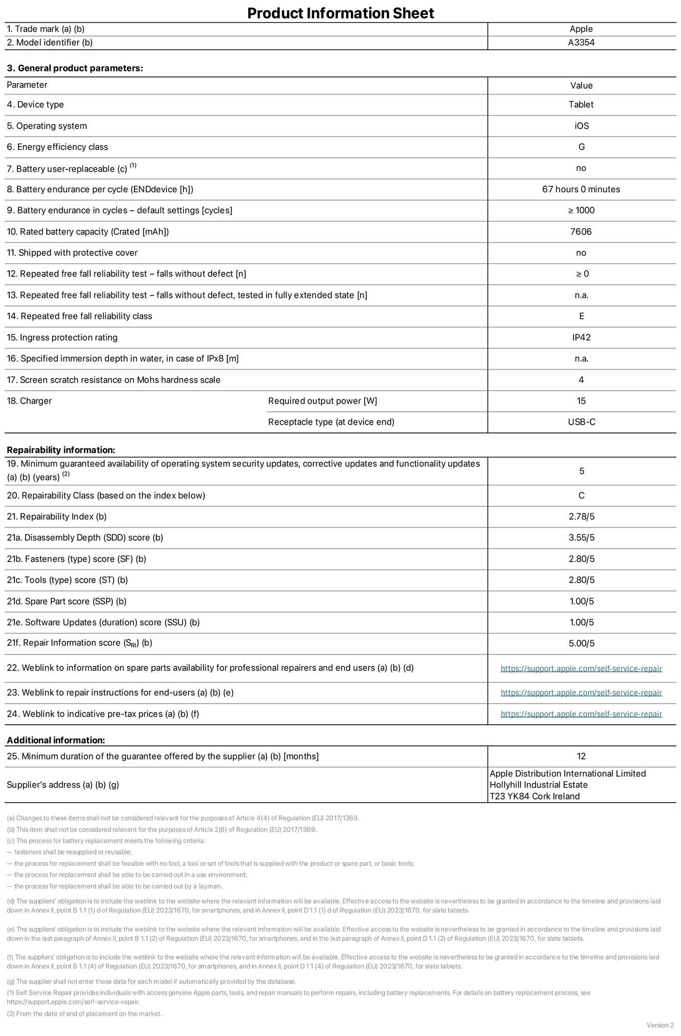 Product information sheet for iPad Wi-Fi, model A3354. Supplied by Apple Distribution International Ltd, Hollyhill Industrial Estate. Cork, Ireland, T23 YK84. Device type: tablet. Operating system: iOS. Energy efficiency class: G. Battery user-replaceable: no. Battery endurance: 67 hours. Battery endurance in cycles: greater than or equal to 1,000. Rated battery capacity: 7,606 milliampere-hours. Repeated free fall reliability test - falls without defect: greater than or equal to 0. Repeated free fall reliability class: E. Ingress protection rating: IP42. Screen scratch resistance on Mohs hardness scale: 4. Charger required output power: 15 watts. Charger receptacle type: USB-C. Minimum guaranteed availability of operating system security updates, corrective updates and functionality updates: 5 years. Repairability Class: C. Repairability Index: 2.78/5. Disassembly Depth score: 3.55/5. Fasteners score: 2.80/5. Tools score: 2.80/5. Spare Part score: 1.00/5. Software Updates score: 1.00/5. Repair Information score: 5.00/5. Weblink to information on spare parts availability for professional repairers and end-users: https://support.apple.com/self-service-repair. Weblink to repair instructions for end-users: https://support.apple.com/self-service-repair. Weblink to indicative pre-tax prices: https://support.apple.com/self-service-repair. 12-month general guarantee offered.