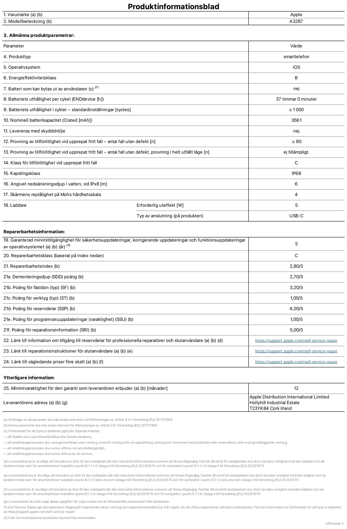 Produktinformationsblad för iPhone 16, modell A3287. Tillhandahålls av Apple Distribution International Limited, Hollyhill Industrial Estate. Cork, Irland T23 YK84. Enhetstyp: smartphone. Operativsystem: iOS. Energieffektivitetsklass: B. Batteri som kan bytas ut av användaren: nej. Batteritid per laddningscykel: 37 timmar. Batteriets livslängd i antal cykler – standardinställningar: ≥ 1000. Nominell batterikapacitet: 3561 mAh. Levereras med skyddsfodral: nej. Tillförlitlighetstest vid upprepat fritt fall – antal fall utan defekter: ≥ 90. Tillförlitlighetstest vid upprepat fritt fall – antal fall utan defekter testat i helt utfällt läge: ej tillämpligt. Tillförlitlighet vid upprepat fritt fall: klass C. IP-klass: IP68. Angivet nedsänkningsdjup vid iPx8: 6. Skärmens reptålighet enligt Mohs hårdhetsskala: 4. Laddare – uteffekt som krävs: 5 W. Typ av uttag på laddaren: usb-c. Garanterad minimiperiod för tillgång till säkerhetsuppdateringar, korrigerande uppdateringar och funktionsuppdateringar av operativsystemet: 5 år. Reparerbarhetsklass: C. Reparerbarhetsindex: 2,80/5. Poäng för demonteringsdjup (SDD): 2,70/5. Poäng för fästen: 3,20/5. Poäng för verktyg: 1,00/5. Poäng för reservdelar: 4,00/5. Poäng för mjukvaruuppdateringar: 1,00/5. Poäng för reparationsinformation: 5,00/5. Länk till information om tillgängliga reservdelar för professionella reparatörer och slutanvändare: https://support.apple.com/self-service-repair. Länk till reparationsanvisningar för slutanvändare: https://support.apple.com/self-service-repair. Länk till vägledande priser före skatt: https://support.apple.com/self-service-repair. Produkten omfattas av 12 månaders garanti.