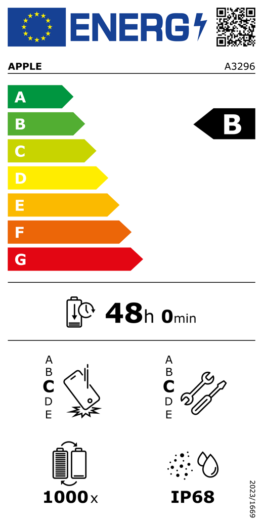 Etichetta energetica UE, codice QR e informazioni, modello Apple A3296, classe B, classi di efficienza energetica (con una scala da A a G), da A (efficienza massima) a G (efficienza minima), l’autonomia della batteria per ciclo è 48 ore e 0 minuti per ogni carica completa, la classe di affidabilità in caso di caduta libera ripetuta è C, da A (robustezza massima) a E (robustezza minima), la classe di riparabilità è C, da A (riparabilità massima) a E (riparabilità minima), la durata della batteria in cicli è 1000, il grado di protezione dall’ingresso di polvere e acqua (IP) è IP68, regolamento 2023/1669.