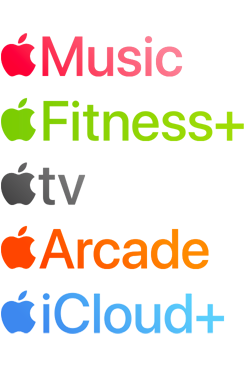 Logoer for Apples abonnementstjenester, blant annet Apple Music, Fitness+, Apple TV+, Apple Arcade og iCloud+.