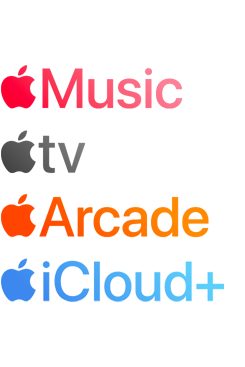 Logo’s van Apple abonnementen, waaronder Apple Music, Fitness+, Apple TV+, Apple Arcade, iCloud+
