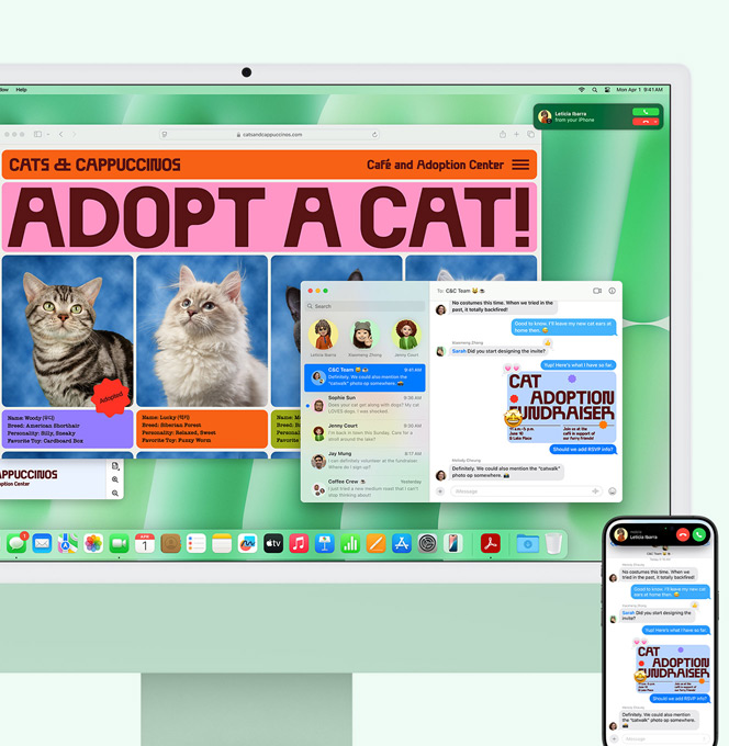 Un iMac vert et un iPhone sont placés côte à côte. L’écran de l’iMac affiche une notification d’appel entrant de l’iPhone. Les deux appareils affichent l’app Messages avec un échange de textos identique.
