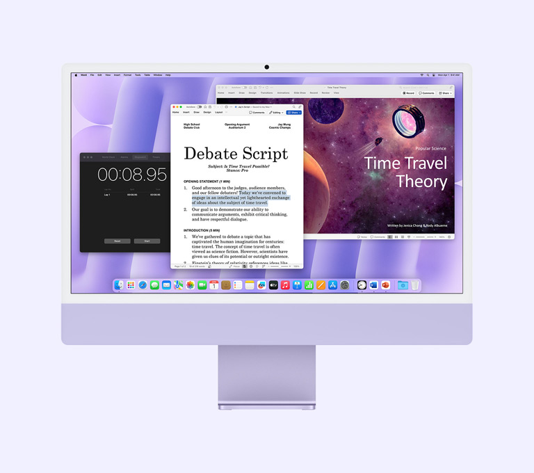 iMac roxo: o ecrã mostra as apps Microsoft Word, Microsoft PowerPoint e Relógio