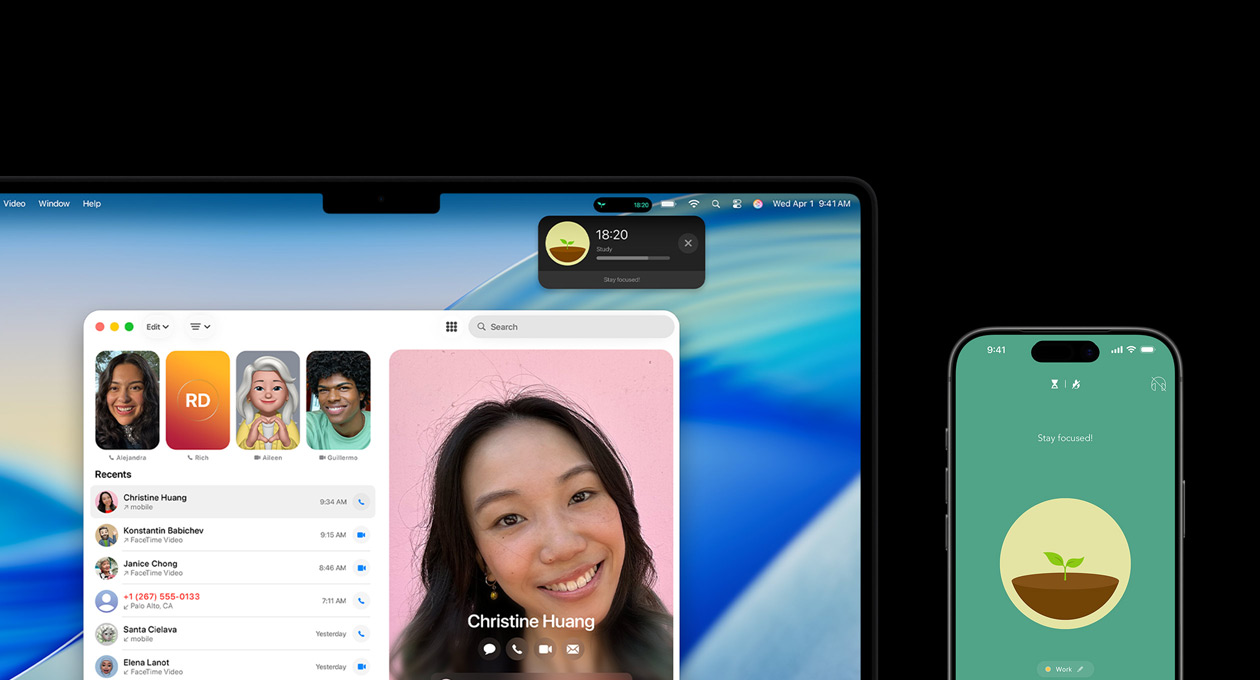 En MacBook Pro og en iPhone ved siden av hverandre. Telefon-appen og Oppdateringer i sanntid fra Forest-appen vises på MacBook Pro-skjermen, og Forest-appen vises på iPhonen.