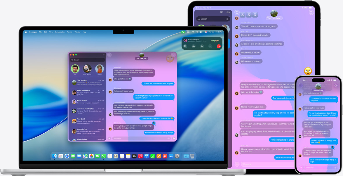 Productos Apple: MacBook Air de 15 pulgadas, iPad Pro de 13 pulgadas y iPhone 16 Plus, todos con la misma conversación de iMessage en la pantalla