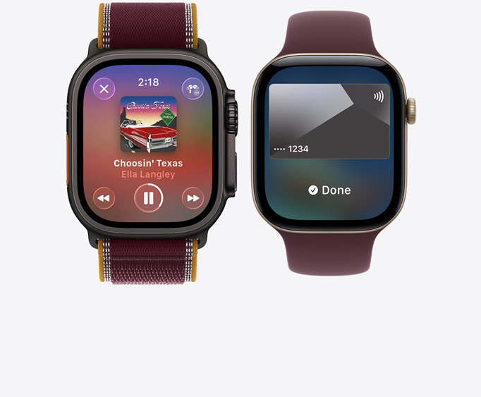 Apple Watch Ultra 4, titanium case, black colour, Apple Music app, now playing screen, Trail Loop strap, burgundy colour; Apple Watch Series 12, aluminium case, light gold colour, Apple Pay screen, Apple Card, Sport Loop strap, burgundy colour