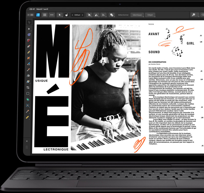 iPad Pro, face avant, orientation paysage, noir sidéral, fixé à un Magic Keyboard, ouvert, face avant, orientation paysage, couleur noire, écran d’iPad Pro affichant la modification d’un article