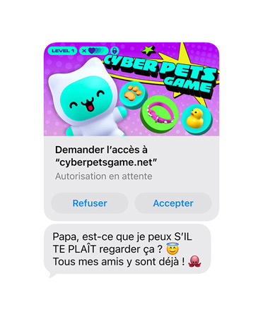 Écran affichant un SMS avec une capture d’écran de cyberpetsgame.net, les boutons Refuser et Approuver sous l’image, le texte du message, Papa, je peux aller sur ce site s’il te plaît, tout le monde y joue déjà